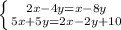 \left \{ {{2x-4y=x-8y} \atop {5x+5y=2x-2y+10}} \right.