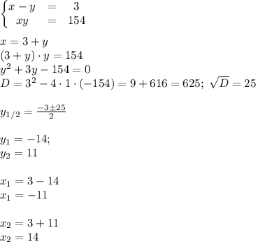 \left\{\begin{matrix}&#10;x - y &= &3 \\ &#10;xy &= &154&#10;\end{matrix}\right.\\\\&#10;x=3+y\\&#10;(3+y)\cdot y=154\\&#10;y^2+3y-154=0\\&#10;D=3^2-4\cdot1\cdot(-154)=9+616=625; \ \sqrt{D}=25\\\\&#10;y_{1/2}=\frac{-3\pm25}{2}\\\\&#10;y_1=-14;\\&#10;y_2=11\\\\&#10;x_1=3-14\\&#10;x_1=-11\\\\&#10;x_2=3+11\\&#10;x_2=14