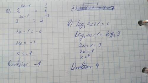 Рушите уравнения а)2^2x-1=1/8 б)корень x+1=x-7 в)log3(2x+1)=2 решите , надо