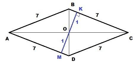 Сторона ромба равна 7, а расстояние от точки пересечения диагоналей ромба до нее равно 1. найти площ