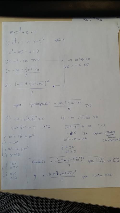 Решите уравнение с параметром. mx^1/2 + x = n