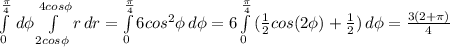 \int\limits^ \frac{ \pi }{4}_0 {} \, d \phi \int\limits^{4cos \phi}_{2cos\phi} {r} \, dr = \int\limits^ \frac{ \pi }{4}_0 {6cos^{2}\phi } \, d \phi =6 \int\limits^ \frac{ \pi }{4}_0 {( \frac{1}{2}cos(2\phi)+ \frac{1}{2} )} \, d \phi= \frac{3(2+ \pi )}{4}