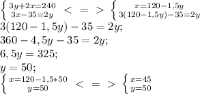 \left \{ {{3y+2x=240} \atop {3x-35=2y}} \right. \ \textless \ =\ \textgreater \ \left \{ {{x=120-1,5y} \atop {3(120-1,5y)-35=2y}} \right.\\3(120-1,5y)-35=2y;\\360-4,5y-35=2y;\\6,5y=325;\\y=50;\\\left \{ {{x=120-1,5*50} \atop {y=50}} \right.\ \textless \ =\ \textgreater \ \left \{ {{x=45} \atop {y=50}} \right.