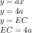 y = ax \\ &#10;y = 4a \\ &#10;y = EC \\ &#10;EC = 4a