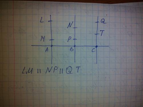 Начертите прямую а. обозначьте на ней точки а,в,с. через эти точки проведите перпендикуляры к прямой