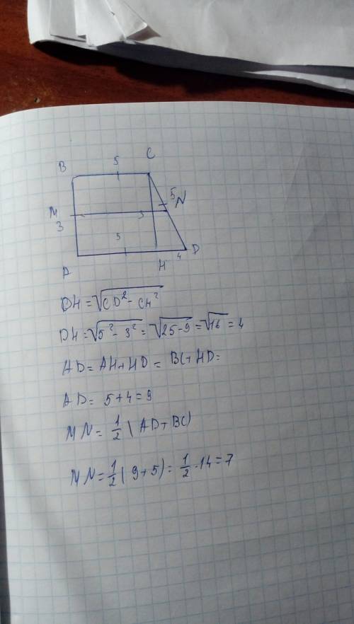 Впрямоугольной трапеции abcd с основанием bc и ad угол bad прямой ab=3 bc=cd=5 найдите среднюю линию