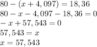 80-(x+4,097) = 18,36\\80-x-4,097 - 18,36=0\\-x+57,543=0\\57,543=x\\x=57,543