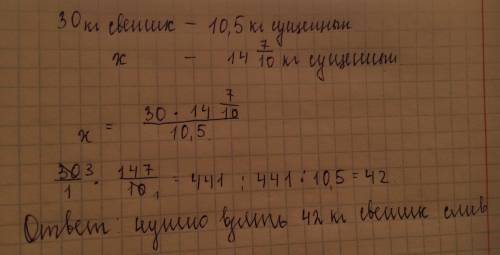 Из 30 кг свежих слив получают 10 1/2 кг сушенных. сколько нужно взять свежих слив, чтобы получить 14