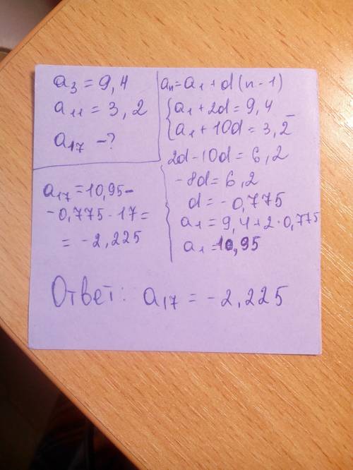 Варифметической прогрессии а3=9,4,а11=3,2,тогда а17 будет чему равно?