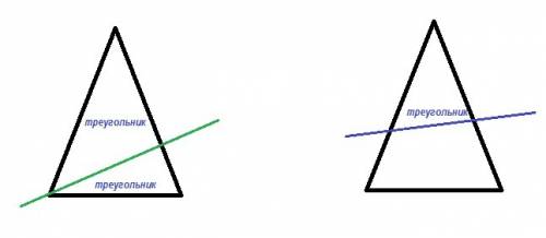 Иван провёл по линейке прямую линию так, что она разбила этот треугольник на две фигуры. на какие дв