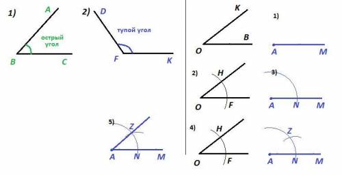 Начертите: 1)острый угол, 2)тупой угол. постройте угол, равный начерченному.