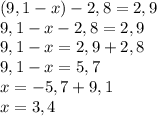 (9,1-x)-2,8=2,9\\9,1-x-2,8=2,9\\9,1-x=2,9+2,8\\9,1-x=5,7\\x=-5,7+9,1\\x=3,4