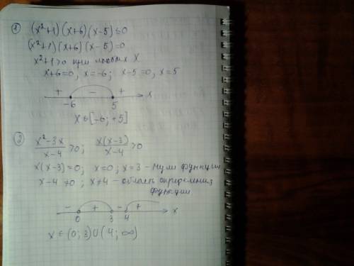 Решите решить неравенства методом интервалов 1) (х^2+1)(x+6)(x-5) меньше или равно 0 x^2-3x/x-4 боль