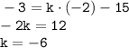 \tt -3=k\cdot(-2)-15\\ -2k=12\\ k=-6