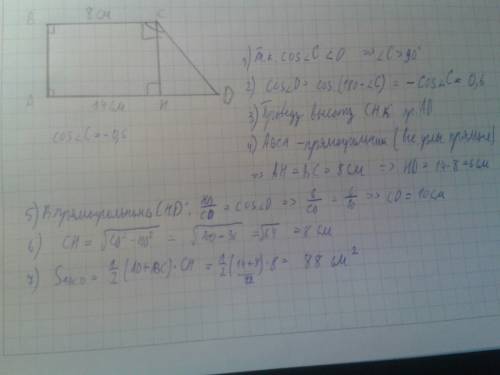 Дана прямоугольная трапеция abcd с основаниями ad 14 и bc 8 см косинус угла с равен -0,6, найти площ