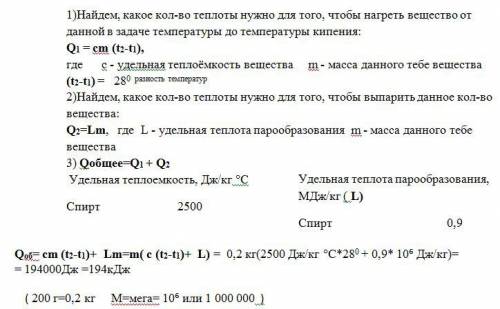 Рассчитайте количество теплоты,которое потребуется для обращения в пар спирта массой 200 г,находящег