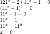 121^x-2*11^x+1=0 \\ (11^x-1)^2=0 \\ 11^x-1=0 \\ 11^x=1 \\ 11^x=11^0 \\ x=0