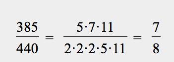 Сократить дроби 385/440 204/225 подробно,
