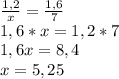 \frac{1,2}{x}=\frac{1,6}{7}\\1,6*x=1,2*7\\1,6x=8,4\\x=5,25