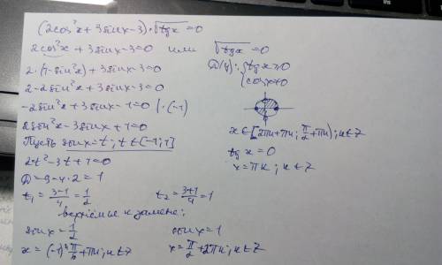 Решите уравнение: (2cos^2x+3sinx-3)*корень из tgx = 0