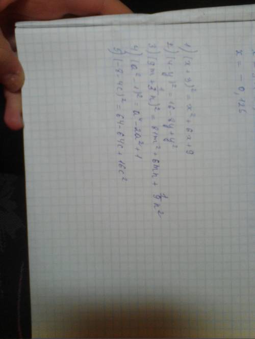 Представьте в виде многочлена выражение: 1) ( x+3)^2 2) (4-y)^2 3) (9m+1/3n)^2 4) (a^2-1)^2 5) (-8-4