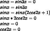 Решить уравнение: (sinx-sin3x)/1-cosx=0