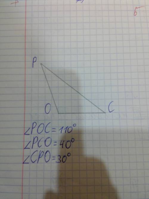 Начерти треугольник poc так чтобы o равен 110 градусов,измерить и записать градусные меры остальных