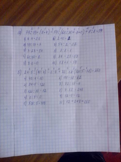 Составь программу действий и вычисли: а) 39: 13*(7*4)-54: (60: 30+7*0)+8: 8= б)24*5: (40: 4)-0: 9+72