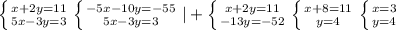 \left \{ {{x+2y=11} \atop {5x-3y=3}} \right. \left \{ {{-5x-10y=-55} \atop {5x-3y=3}} \right. |+ \left \{ {{x+2y=11} \atop {-13y=-52}} \right. \left \{ {{x+8=11} \atop {y=4}} \right. \left \{ {{x=3} \atop {y=4}} \right.