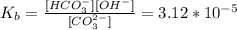 K_{b} = \frac{[HCO_{3}^{-}][OH^{-}]}{[CO_{3}^{2-} ]}=3.12*10^{-5}