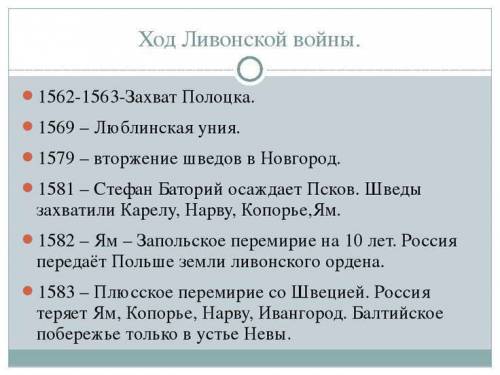 Ливонская война её характер - ход событий - дата\сражение\итог люди плес