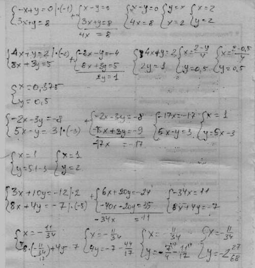Решите системы уравнений. буду . {-х+у=0. {2х+у=3. {4х+у=2 {3х+у=8. {4у-х=3. {8х+3у=5. {-2х-3у=-8. {