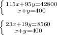 \left \{ {{115x+95y=42800} \atop {x+y=400}} \right. \\ \\ \left \{ {{23x+19y=8560} \atop {x+y=400}} \right.