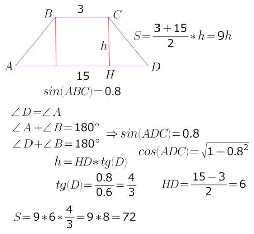 70 кто решит . дана равнобедренная трапеция абсд с основаниями ад=15см, бс=3 см, у котрой синус угла