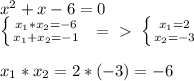 x^2+x-6=0\\ \left \{ {{x_1*x_2=-6} \atop {x_1+x_2=-1}} \right. \; \; =\ \textgreater \ \left \{ {{x_1=2} \atop {x_2=-3}} \right. \\\\x_1*x_2=2*(-3)=-6