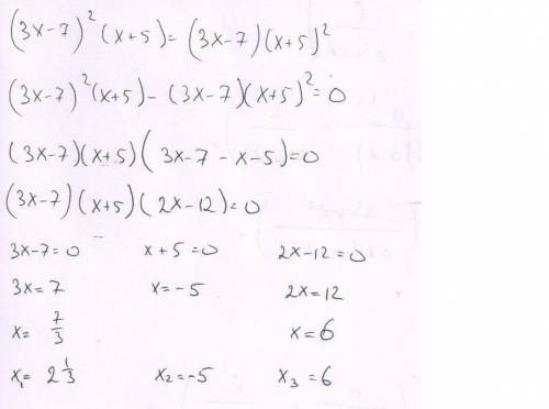 Решите уравнение (3x-7)^(2)(x+5)=(3x-7)(x+5)^(2)