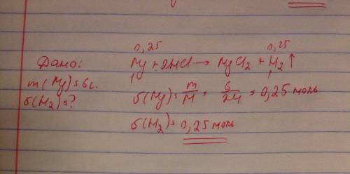 Реакция проходит по следующему уравнению mg+2hcl=mgcl2+h2. определить количество вещества водорода,