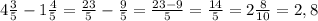 4 \frac{3}{5} -1 \frac{4}{5}= \frac{23}{5} - \frac{9}{5}= \frac{23-9}{5}= \frac{14}{5}= 2 \frac{8}{10}=2,8