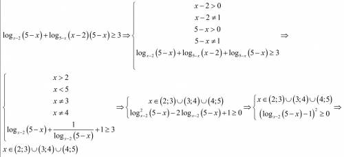 Log x-2 (5-x)+log5-x (x-2)(5-x)> =3