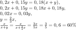 0,2x+0,15y=0,18(x+y), \\ 0,2x+0,15y=0,18x+0,18y, \\ 0,02x=0,03y, \\ y=\frac{2}{3}x, \\ \frac{x}{x+y}=\frac{x}{x+\frac{2}{3}x}=\frac{3x}{5x}=\frac{3}{5}=0,6=60\%