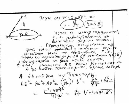 Вплоскости м описана окружность, длина которой равна с. из центра о окружности восстановлен к плоско