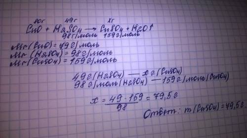 На 80 г оксида меди (2) подействовали раствором серной кислоты, содержащим 49 г безводного вещества.