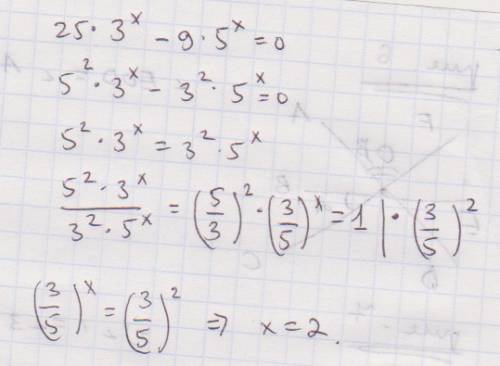 Подробное решение уравнения: 25*(3^x) - 9*(5^x) = 0