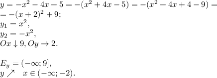 y=-x^2-4x+5=-(x^2+4x-5)=-(x^2+4x+4-9)=\\=-(x+2)^2+9; \\&#10;y_1=x^2, \\ y_2=-x^2, \\ Ox\downarrow9, Oy\rightarrow2. \\ \\ E_y=(-\infty;9], \\ y\nearrow \ \ x\in(-\infty;-2).