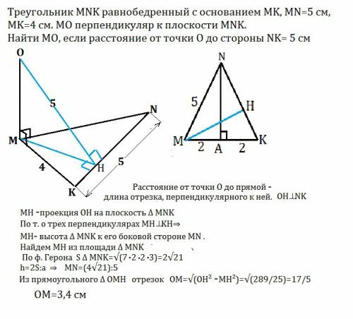 Треугольник mnk равнобедренный с основанием mk, mn=5 см, mk=4 см. mo перпендикуляр к плоскости mnk.