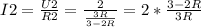 I2= \frac{U2}{R2} = \frac{2}{ \frac{3R}{3-2R} } = 2*\frac{3-2R}{3R}