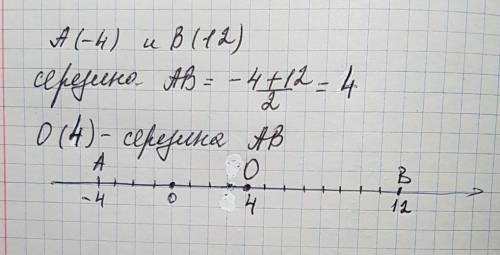 Найдите координату середины отрезка с концами в точках а(-4)и в(12)