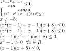 \frac{x^3-x^2+x-1}{x+8}\leq0, \\ \left \{ {{x+8\neq0,} \atop {(x^3-x^2+x-1)(x+8)\leq0;}} \right. \\ x\neq-8; \\ (x^2(x-1)+x-1)(x+8)\leq0, \\ (x^2(x-1)+x-1)(x+8)\leq0, \\ (x-1)(x^2+1)(x+8)\leq0, \\ x^2+1\ \textgreater \ 0 \ \ \forall x\in R, \\ (x-1)(x+8)\leq0, \\