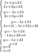 \left \{ {{5x+y=24} \atop {2x+3y=33}} \right. &#10;&#10; \left \{ {{y=-5x+24} \atop {2x+3y=33}} \right. &#10;&#10; \left \{ {{y=-5x+24} \atop {2x+3(-5x+24)=33}} \right. &#10;&#10; \left \{ {{y=-5x+24} \atop {-13x+39=0}} \right. &#10;&#10; \left \{ {{y=-5x+24} \atop {x=3}} \right. &#10;&#10; \left \{ {{y=9} \atop {x=3}} \right.