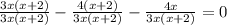 \frac{3x(x + 2)}{3x(x + 2)} - \frac{4(x + 2)}{3x(x + 2)} - \frac{4x}{3x(x + 2)} = 0}